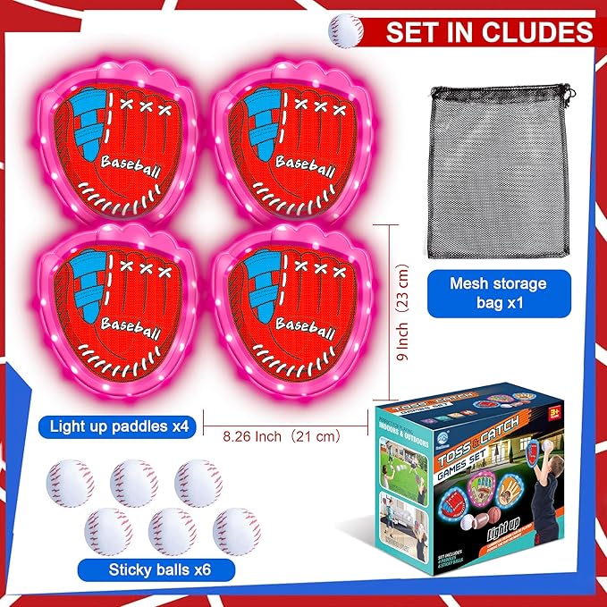 Toss and Catch Ball Game Set,Light-Up Kids Baseball Glove Sticky Mitt, Velcro Ball and Catch Games for Kids Ages 3-12, Football & Baseball Camping/Yard/Outdoor Sports Toy,Outdoor Game for Kids