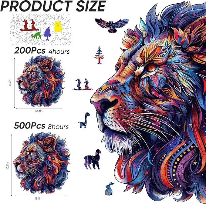 Wooden Puzzles for Adults,Lion Wooden Jigsaw Puzzles 500pcs,15.5x16.7in,Royal,Unique Shape Animal Adult Puzzles,Irregular Wood Puzzles Creative Gift for Adults and Kids Family Game