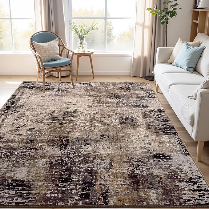 Area Rug 4x6 Brown Rug Washable Boho Rugs Non Slip Low Pile Abstract Coffee Small Carpet for Entryway, Bedroom, Kitchen, Classroom, Kids Room, Office, Dorm, Dining Room
