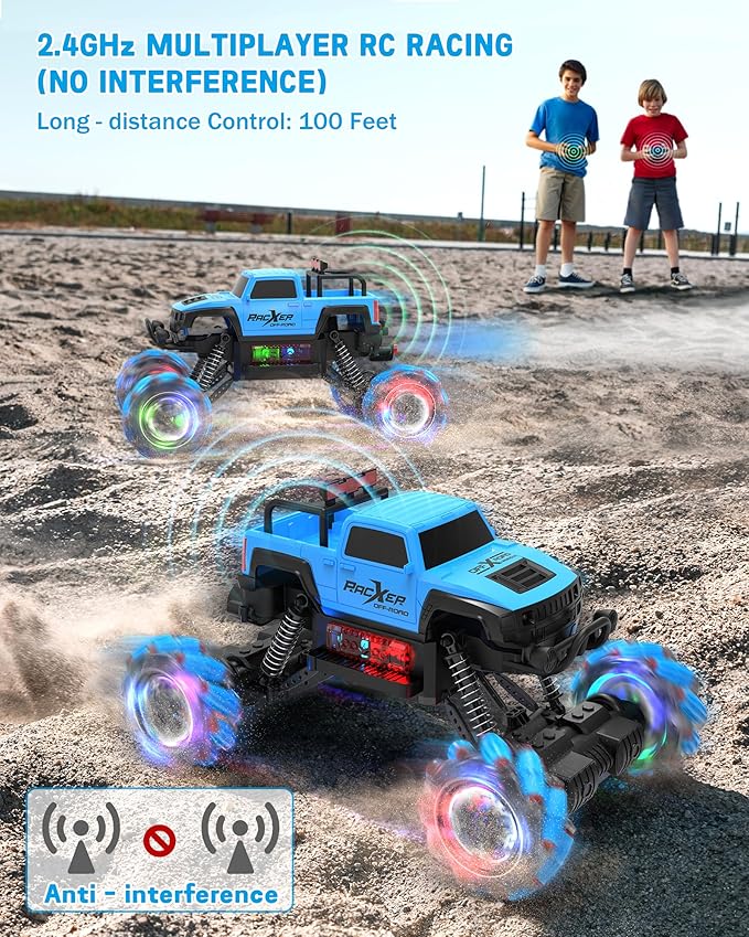 Programmable RC Stunt Truck, 1:12 Remote Control Monster Car with 360° Spin, Drift, One-Key Demo, 4WD All-Offroad Cars with Spray Music Dance Hobby Truck Gifts for 6-12 Boys Girls Christmas (Blue)