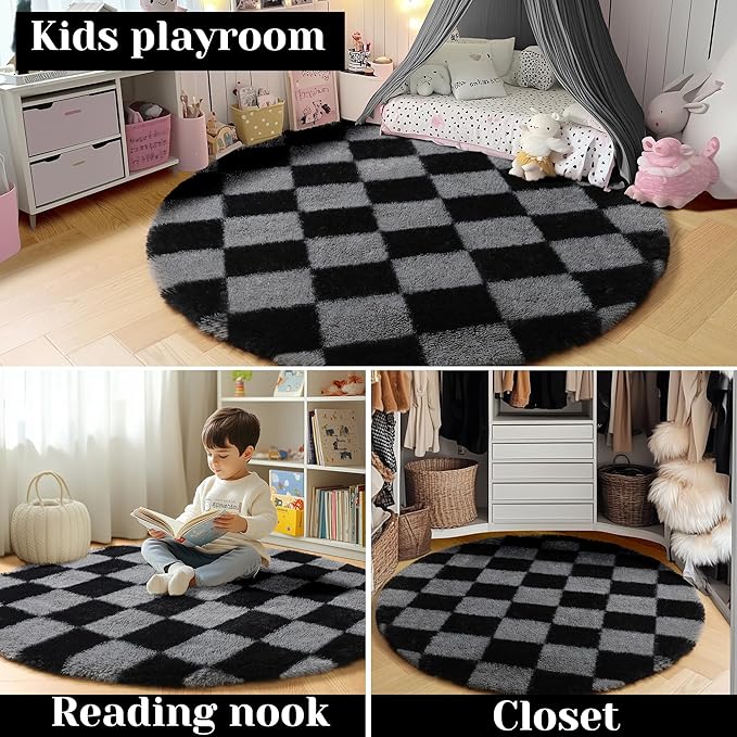 KICMOR Round Rug 4ft for Bedroom, Soft Fluffy Circle Area Rug Cute Fuzzy Shag Shaggy Small Living Room Carpet, Black and Grey Plush Checkered Circular Rug for Kids Room Nursery Home Decor Aesthetic