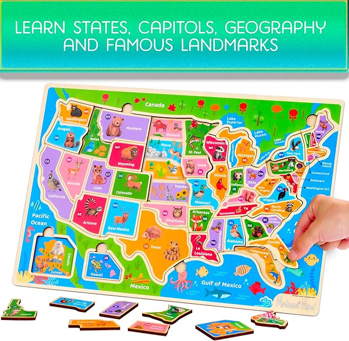 Montessori Mama Wooden Puzzles for Kids Ages 4-6, USA States and Capitols, World Continents and Oceans Kids Puzzles, Combo Set 2 Toddler Puzzles