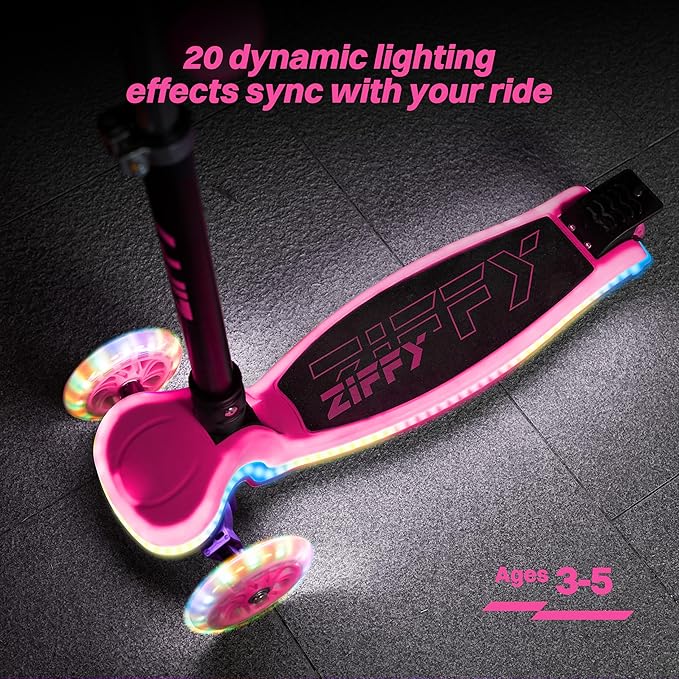 ZIFFY Kids Scooter for Boys & Girls LED Light-Up Wheels, 4 Adjustable Height Handlebars, and Lean-to-Steer Design with Anti-Slip Wide Deck for Stability - Up to 110LBS