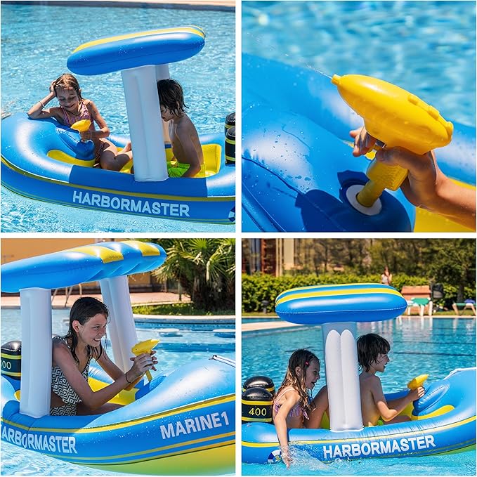 Zone Tech Inflatable Patrol Boat Pool Float and Harbor Master Boat Pool Float Ride On Fun Water Toy Squirter