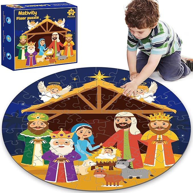Nativity Scene Floor Puzzles for Kids Age 4-8, 70pcs Large Christmas Nativity Jigsaw Puzzles Educational Kids Puzzles Ages 3-6 for Kids Boys Girls