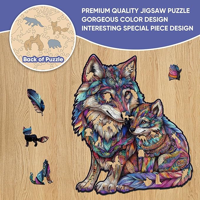 Wooden Puzzles for Adults, Wolf Family Jigsaw Puzzles 500 Pieces, 17.3x14.9in, Unique Shaped Cool Animal Wood Adult Puzzle, Best Gifts for Adults and Kids Family Game