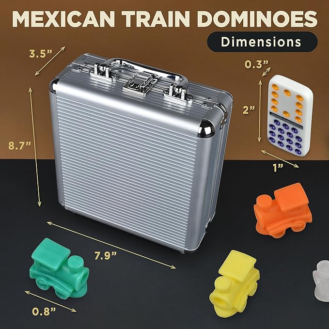 Queensell Mexican Train Dominoes Set Double 15, Dominoes Set for Adults and Family, Mexican Train Double 15 Dominoes Set Colored Dot - 136 Tiles, 9 Trains, Wooden Hub, Aluminum Case (Double 15)