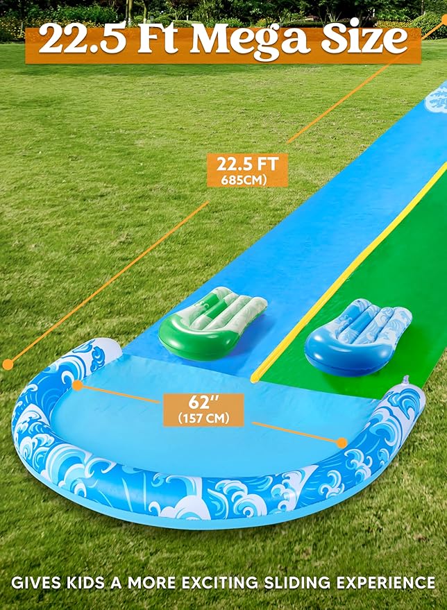 JOYIN 22.5FT Water Slide and 2 Inflatable Boards, Extra Long Heavy Duty Double Lawn Waterslide with Sprinkler for Kids Adults Backyard Summer Water Toy Outdoor Fun, Blue, Green