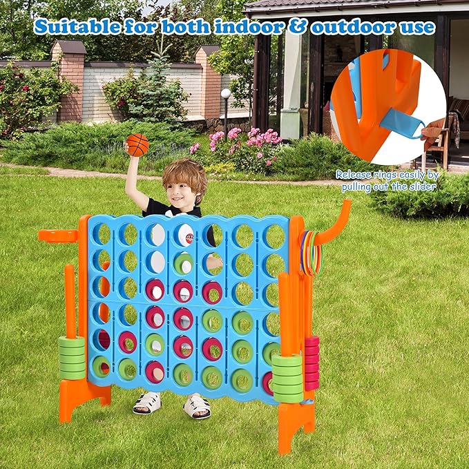 Costzon Giant 4-in-A-Row, Jumbo 4-to-Score Giant Game w/Basketball Hoop, Ring Toss, Quick-Release Slider, 42 Jumbo Rings, Indoor Outdoor Family Connect Game for Kids & Adults, Backyard Games, Orange