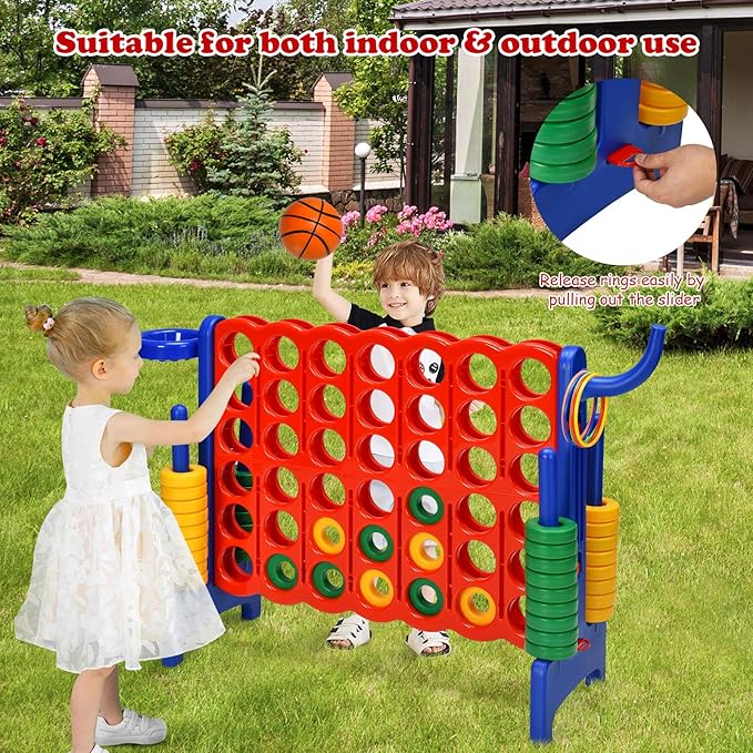 Costzon Giant 4-in-A-Row, Jumbo 4-to-Score Giant Game w/Basketball Hoop, Ring Toss, Quick-Release Slider, 42 Jumbo Rings, Indoor Outdoor Family Connect Game for Kids & Adults, Backyard Games, Blue