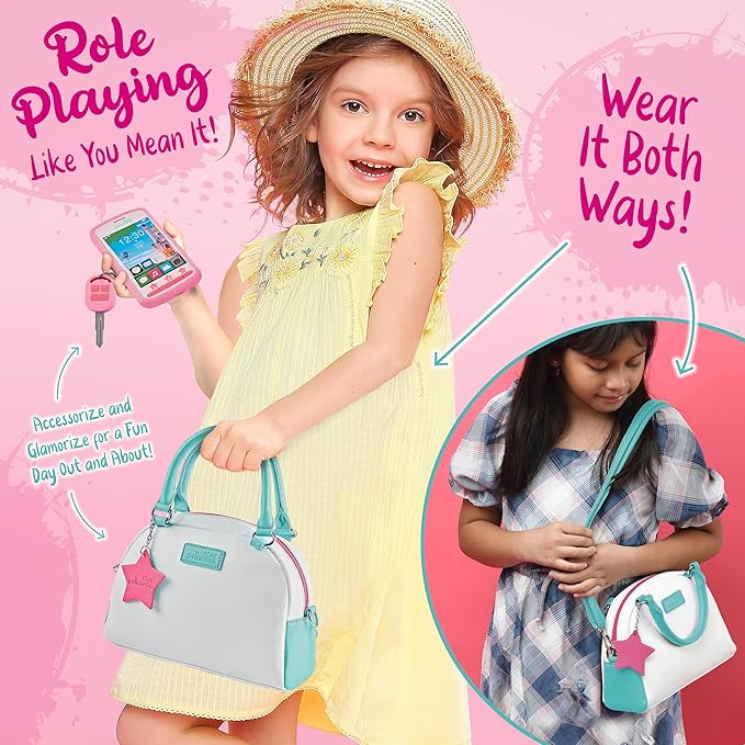 Play Purse for Girls and Toddlers - Little Girls Toys Pretend Play Accessories: Toy Phone, Wallet, Credit Cards, Keys, Pretend Makeup for Role Playing Toys for Girls Ages 3 4 5 6 7 8 Years and Up