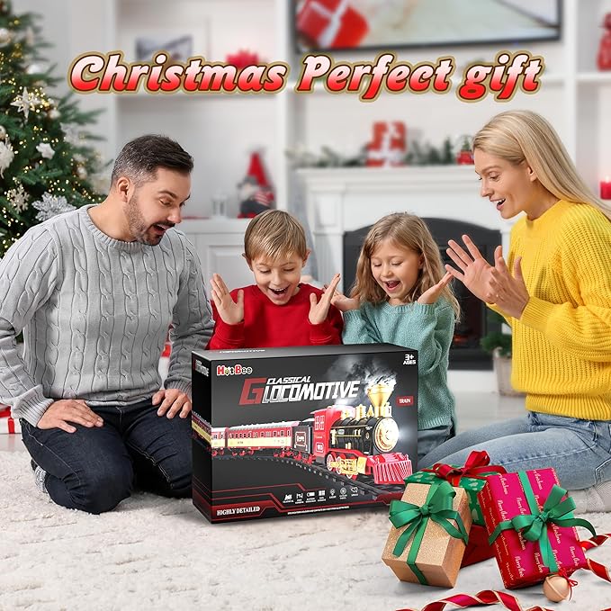 Hot Bee Christmas Train Set,Train Set for Toddlers 2-4,Christmas Train Sets for Around The Tree,Steam Locomotive with Lights,Sounds,and Spray,Easy Setup Train Toy,Perfect Train Set for Kids Ages 4-8