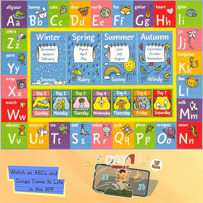 KC Cubs Playtime Collection ABC Alphabet, Seasons, Months and Days of The Week Educational Learning & Game Area Rug Carpet for Kids and Children Bedrooms and Playroom