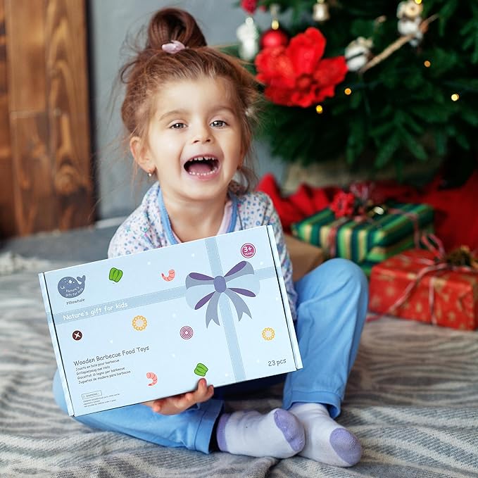 Wooden Play Food for Kids Kitchen - 24 Pcs Montessori Pretend Play Kitchen Accessories, Educational Learning Toys with Toy Fruits, Vegetables & Meat, Gift for Boys Girls Ages 3-6