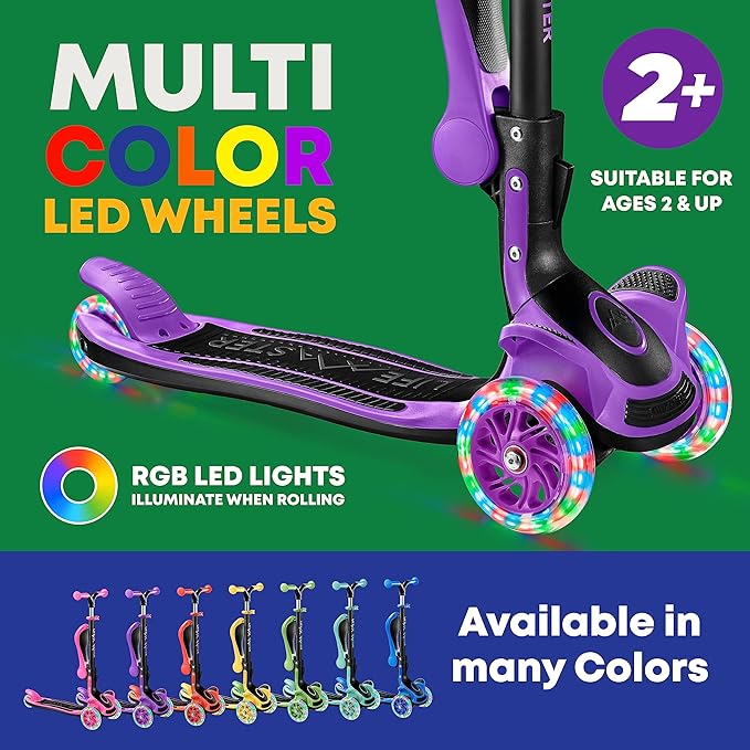 Kids Scooter – Foldable Seat – LED Wheel Lights Illuminate When Rolling – Children and Toddler 3 Wheel Kick Scooter – Adjustable Handlebar – Indoor and Outdoor- by Lifemaster