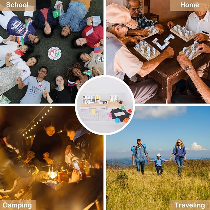 Smilejoy Mexican Train Dominoes Set with Colorful Dot- Double 12 Dominos Set for Adults-Classical Board Game for Elderly, 4 Wooden Rack,91 Tiles, 9 Plastic Trains, Octagon Hub (2-8 Player)