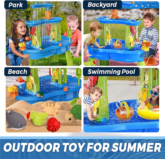 BELLOCHIDDO Water and Sand Table with Water Pumb & Umbrella - Summer Toys 3-Tier Kids Water Play Table, Outdoor Toys for Boys Girls