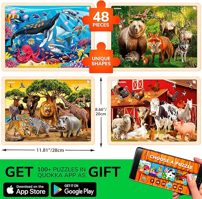 QUOKKA 4SET Puzzles for Kids Ages 4-6 - 48 Pcs Wooden Toddler Realistic Montessori Puzzles Ages 3-5 - Wild Animals Africa Ocean Farm Learning Games for Boys and Girls 4-8 Year Olds