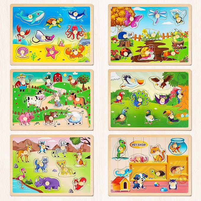 SYNARRY Wooden Puzzles for Toddlers 1-3, 6XSET Animals Puzzles for Toddlers 2-4 with Rack, Toddler Puzzles Ages 2-4, Kids Learning Educational Montessori Toys for 2 3 Year Old, Gifts for Boys Girls