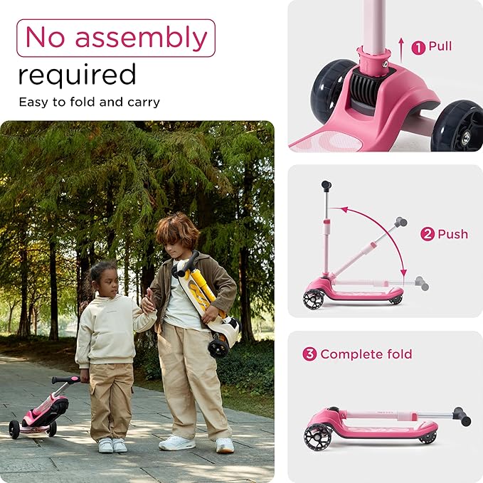 Kids Scooter, 3 LED Lighted Wheels, Any Height Adjustable Handlebar & Lean-to-Steer, Anti-Slip Deck, Easy-Fold Mechanism, Three-Wheel Scooter for Kids Ages 3-14