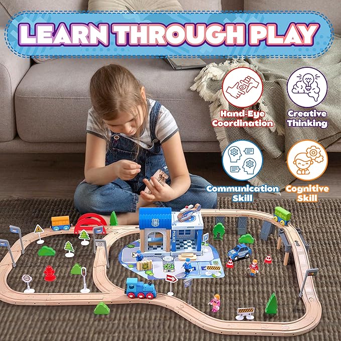 102-Piece Wooden Train Set for Kids Ages 3-8 | Expandable & Customizable Track | Safe, Non-Toxic STEM Toy Gift for Toddlers & Children | Compatible with Major Brands