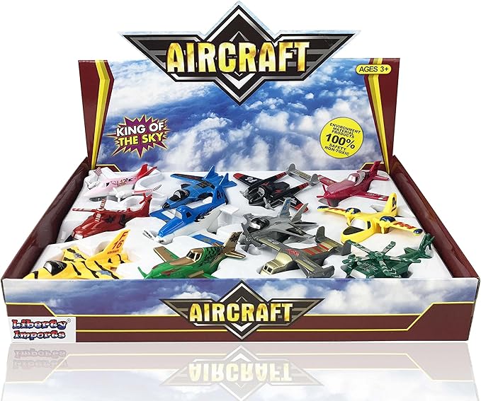 Liberty Imports Pull Back Airplanes Toys Vehicle Playset, Variety Pack of Helicopters, Stealth Bombers, Fighter Jets, Aircraft, Planes for Kids Toddlers Party Favors (12 Pack)