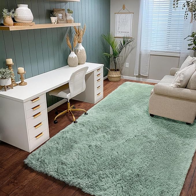 Amdrebio Sage Green Area Rugs for Bedroom Aesthetic, Fluffy Furry Rugs for Nursery, Classroom, Teen Boys, Baby Kids Room Decor, Cute Shaggy Carpet for Living Room Dorm, Fuzzy Plush Light Mint Rug 4x6