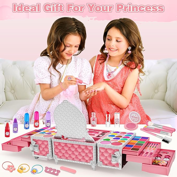 99 Pcs Kids Makeup Kit for Girls, Princess Toys Real Washable Cosmetics Set with Mirror, Hair Ties, Nails, Rings, Earrings, Necklace, Perfect for 3 4 5 6 7 8 Year Old Girls Birthday