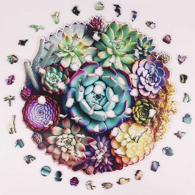Unique Wooden Jigsaw Puzzles - Mandala Succulent Plants, 500 Pcs King Size 16.9'' x 16.3'', Luxurious Shaped Wood Puzzle, Beautiful Package, Best Gift for Adults and Kids, Family Game