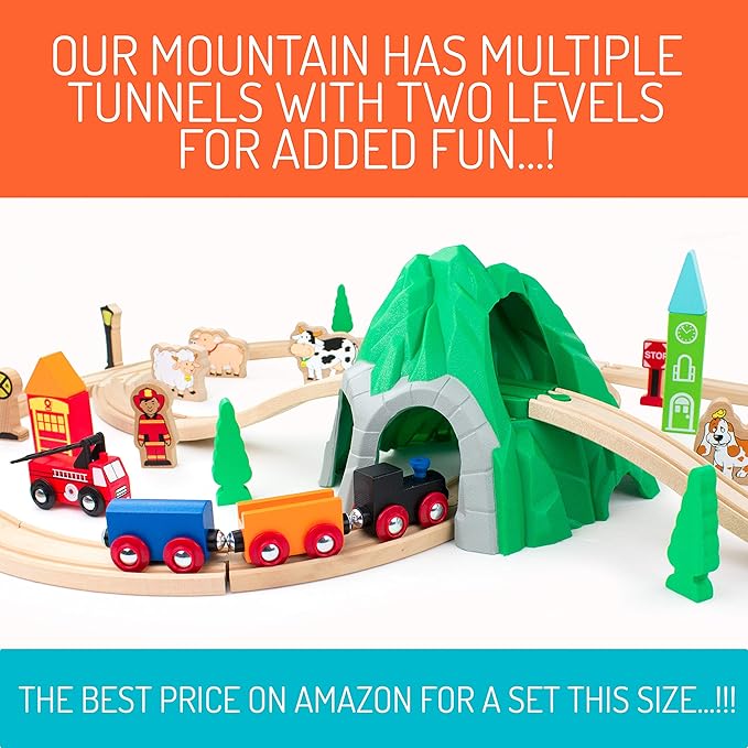 Maxim 50pc Mountain Train Set Set for Toddler with Double-Side Train Tracks Fits Brio, Thomas, Melissa and Doug, Kids Wood Toy Train for 3,4,5 Year Old Boys and Girls