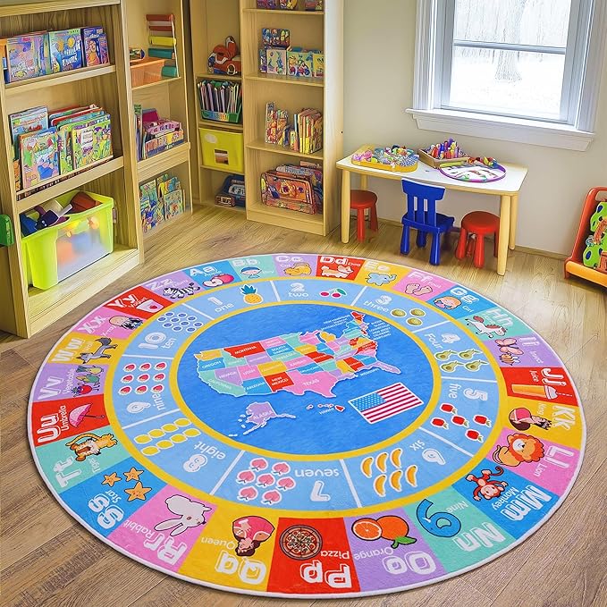 Kids Rugs for Playroom - Soft & Non-Slip 4x4 Feet Round Educational Rug for Learning ABC Alphabet, Numbers, Shapes & Map, Washable Classroom Rug for Toddler Nursery & Kids Room Decor