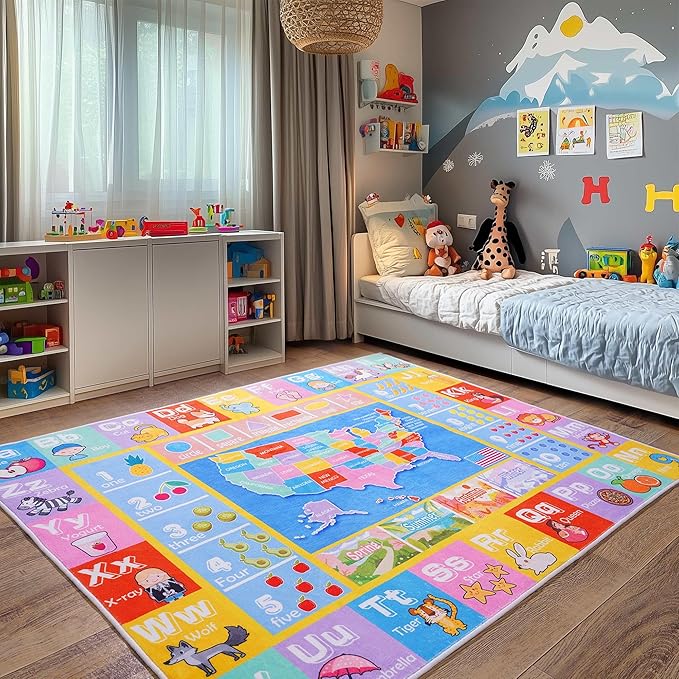 Kids Rugs for Playroom - Soft & Non-Slip 8x10 Feet Educational Rug for Learning ABC Alphabet, Numbers, Shapes & Map, Washable Classroom Rug for Toddler Nursery & Kids Room Decor