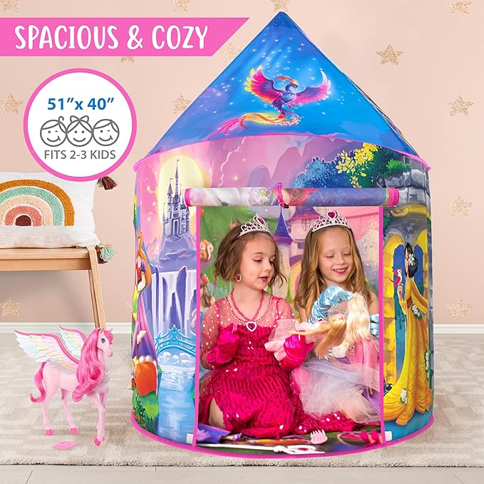 W&O Princess Tent with Fantasy Sound Button, LED Lights, Crown & Wand โ Magical Indoor & Outdoor Playhouse for Kids Ages 3-8