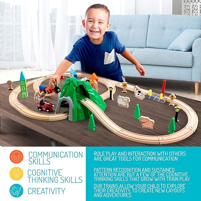 Maxim 50pc Mountain Train Set Set for Toddler with Double-Side Train Tracks Fits Brio, Thomas, Melissa and Doug, Kids Wood Toy Train for 3,4,5 Year Old Boys and Girls
