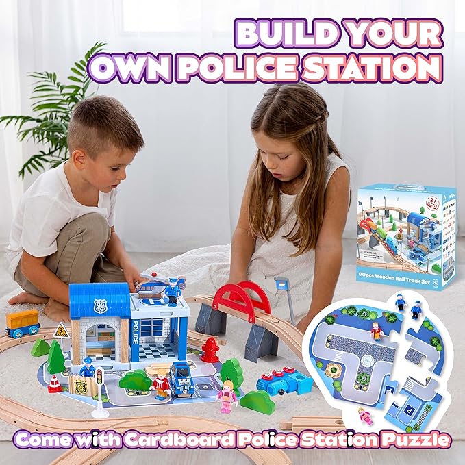 102-Piece Wooden Train Set for Kids Ages 3-8 | Expandable & Customizable Track | Safe, Non-Toxic STEM Toy Gift for Toddlers & Children | Compatible with Major Brands