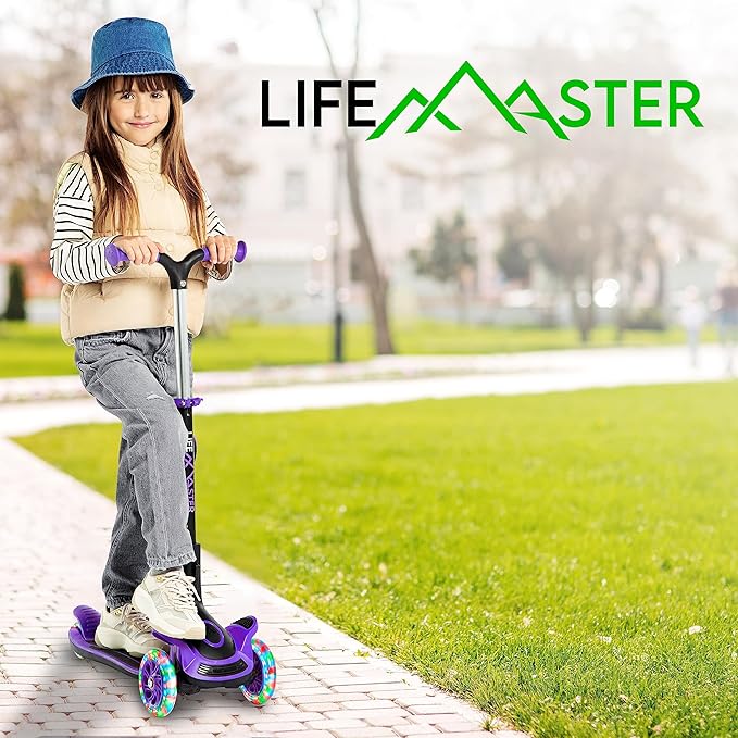 Kids Scooter – Foldable Seat – LED Wheel Lights Illuminate When Rolling – Children and Toddler 3 Wheel Kick Scooter – Adjustable Handlebar – Indoor and Outdoor- by Lifemaster