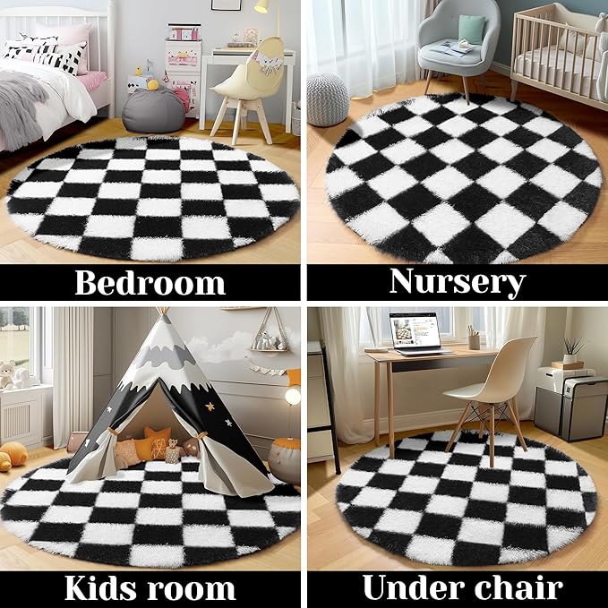 KICMOR Round Rugs 5ft for Bedroom Living Room, Black and White Fluffy Soft Circle Area Rug Fuzzy Shag Shaggy Plush Carpet, Indoor Checkered Circular Rug for Kids Room Nursery Home Decor Aesthetic
