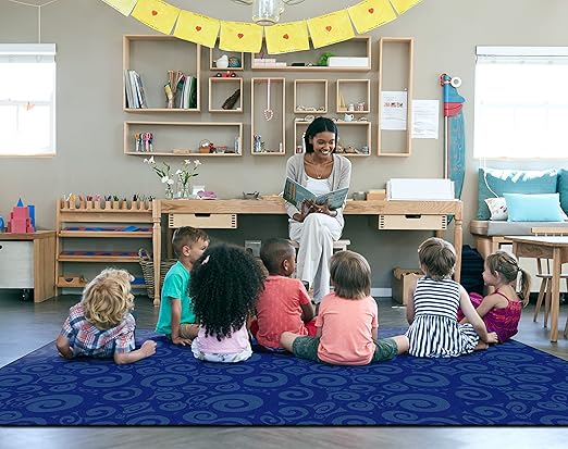 Flagship Swirl Tone on Tone Carpet for Children's Classroom and Bedroom Area Rug, Playroom or Teaching Area for Playtime and Reading, 7'6"x12', Blue