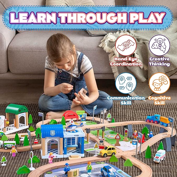 172Pcs Wooden Train Set for Toddlers, Wooden Train Track - Expandable and Changeable, Safe Educational Train Toys Gift for Boys & Girls Kids Ages 3-5 4-8, Compatible with All Major Brands