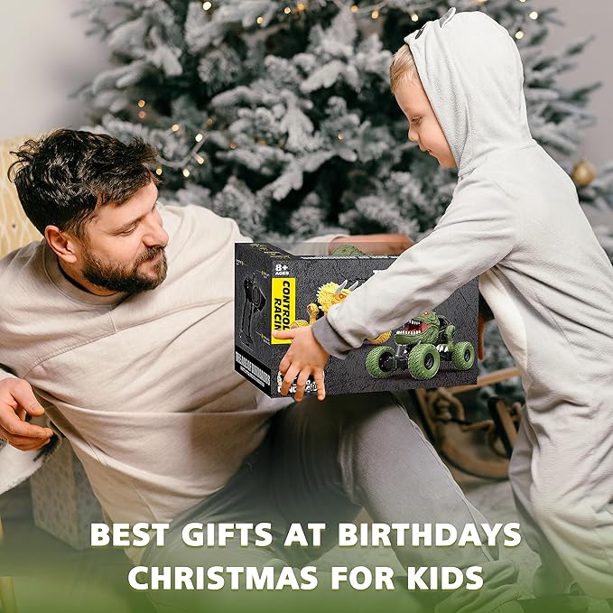 Remote Control Dinosaur Car for Kids Boys, 2.4Ghz All Terrain Remote Control Dinosaur Truck with Light, Rechargeable 4WD Off Road RC Car Toys for Kids 3 4 5 6 7 8-12 Year Old Boys Girls Birthday Gift