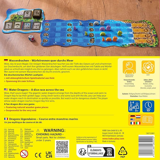 HABA Water Dragons: Kids Board Game and Fast-Paced Dice Game with Wooden Components for Ages 5 and up, Made in Germany