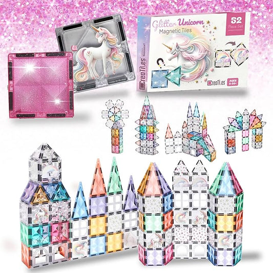Glitter Unicorn Pony Magnetic Tiles: Building Blocks Toys for Kids - Hearts, Stars, Rainbow Castle Playset for Creative Kids, STEM Frozen Princess Birthday Gift for Girls Ages 3 4 5 6 7 8 and Up