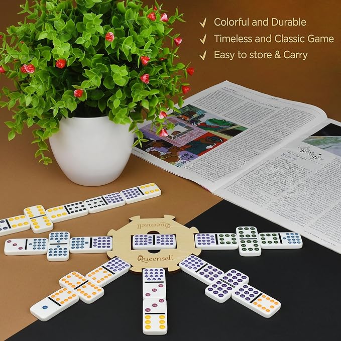 Queensell Mexican Train Dominoes Set Double 15, Dominoes Set for Adults and Family, Mexican Train Double 15 Dominoes Set Colored Dot - 136 Tiles, 9 Trains, Wooden Hub, Aluminum Case (Double 15)