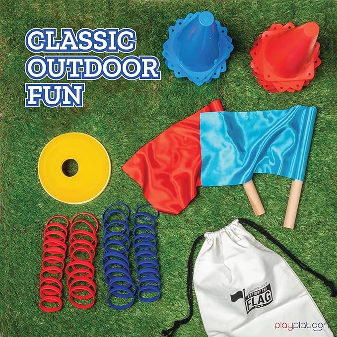 Play Platoon Capture The Flag, The Traditional Original 20 Player Set with Real Wood Handle Flags - Outdoor Yard Game for Family, Kids and Teens - Cool for Boy Birthday Gifts, Family Reunions, & Field