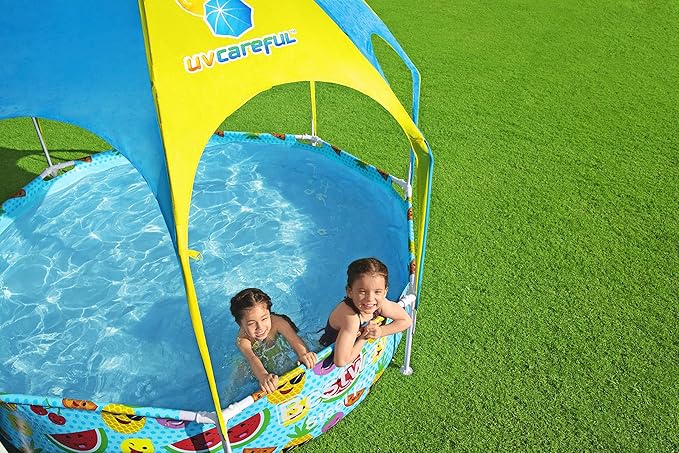 H2OGO! Kids Splash-in-Shade 8-Foot Round Steel Frame Above Ground Pool with Water Mister and Canopy Sunshade, Green Tropical Leaf Print