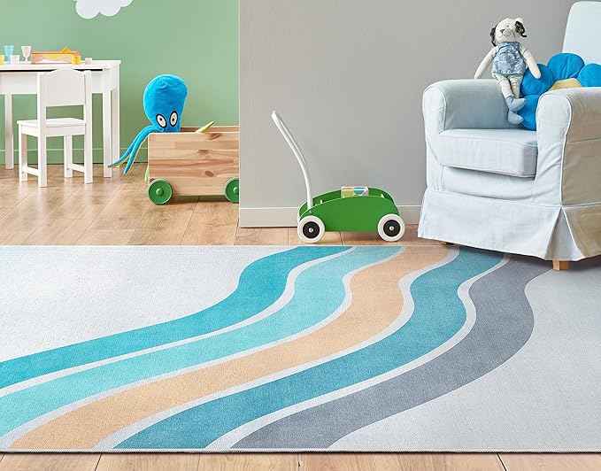 Well Woven Kids Rugs Curved Rainbow 3'3" x 5' Multi Blue Kids Area Rug