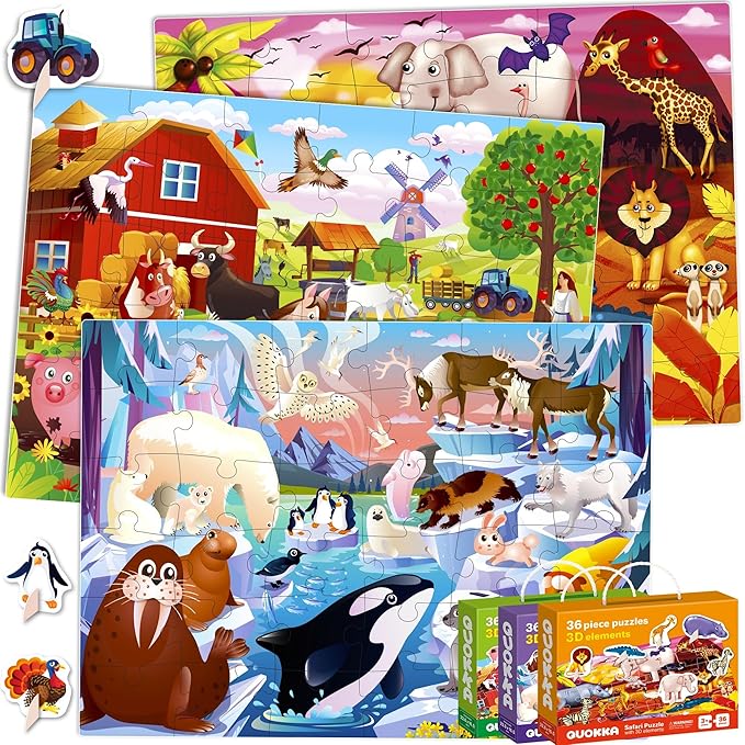QUOKKA Puzzles for Toddlers 3-5 – 3 x 36 Pieces Floor Puzzles for Kids Ages 2-4 – 12 Toy Learning Farm Animals for 4-6 – Jigsaw Game for Boy and Girl 3-5-7 Year Old