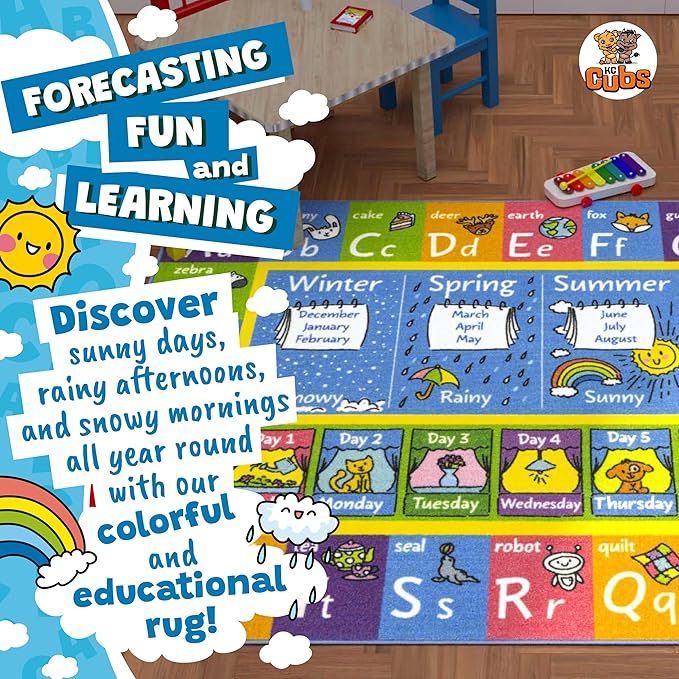 KC Cubs Playtime Collection ABC Alphabet, Seasons, Months and Days of The Week Educational Learning & Game Area Rug Carpet for Kids and Children Bedrooms and Playroom