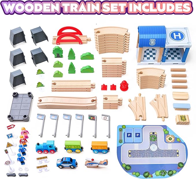 102-Piece Wooden Train Set for Kids Ages 3-8 | Expandable & Customizable Track | Safe, Non-Toxic STEM Toy Gift for Toddlers & Children | Compatible with Major Brands