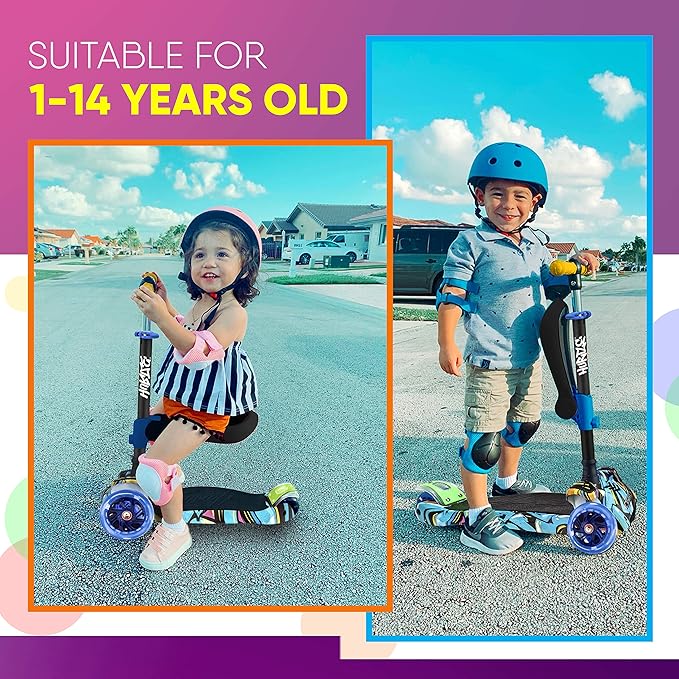 Hurtle 3-Wheeled Scooter for Kids - Wheel LED Lights, Adjustable Lean-to-Steer Handlebar, and Foldable Seat - Sit or Stand Ride with Brake for Boys and Girls Ages 1-14 Years Old